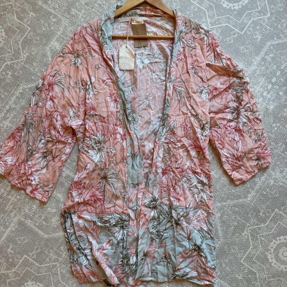 Hem & Thread Kimono Wrap Women S/M Peach Sage Green Tropical Floral Boho NWT